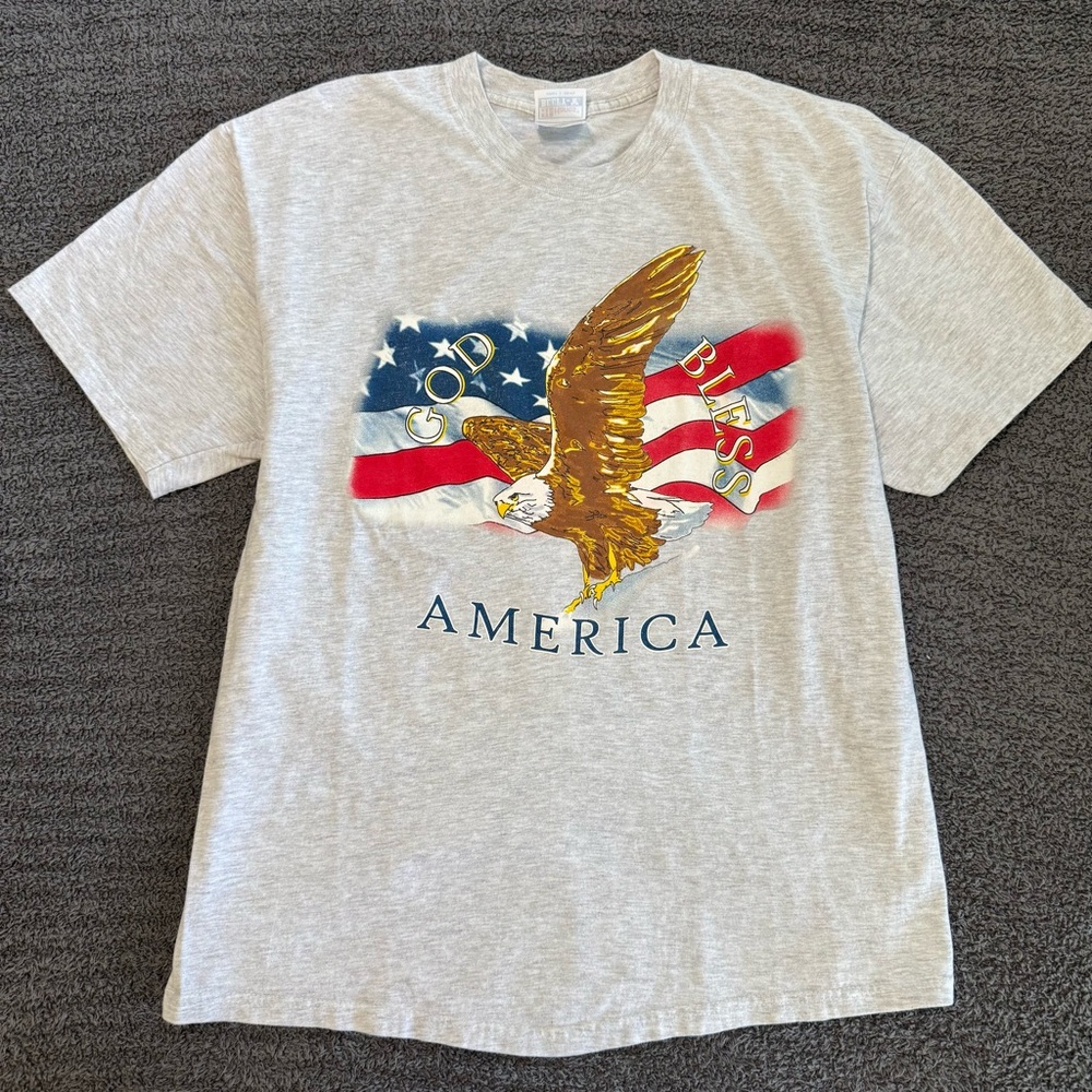 🔥Y2K “God Bless America” Hanes Beefy-T Freedom Rebuild Tee (L) Vintage 90s VTG